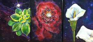 Triptych of succulents with space background